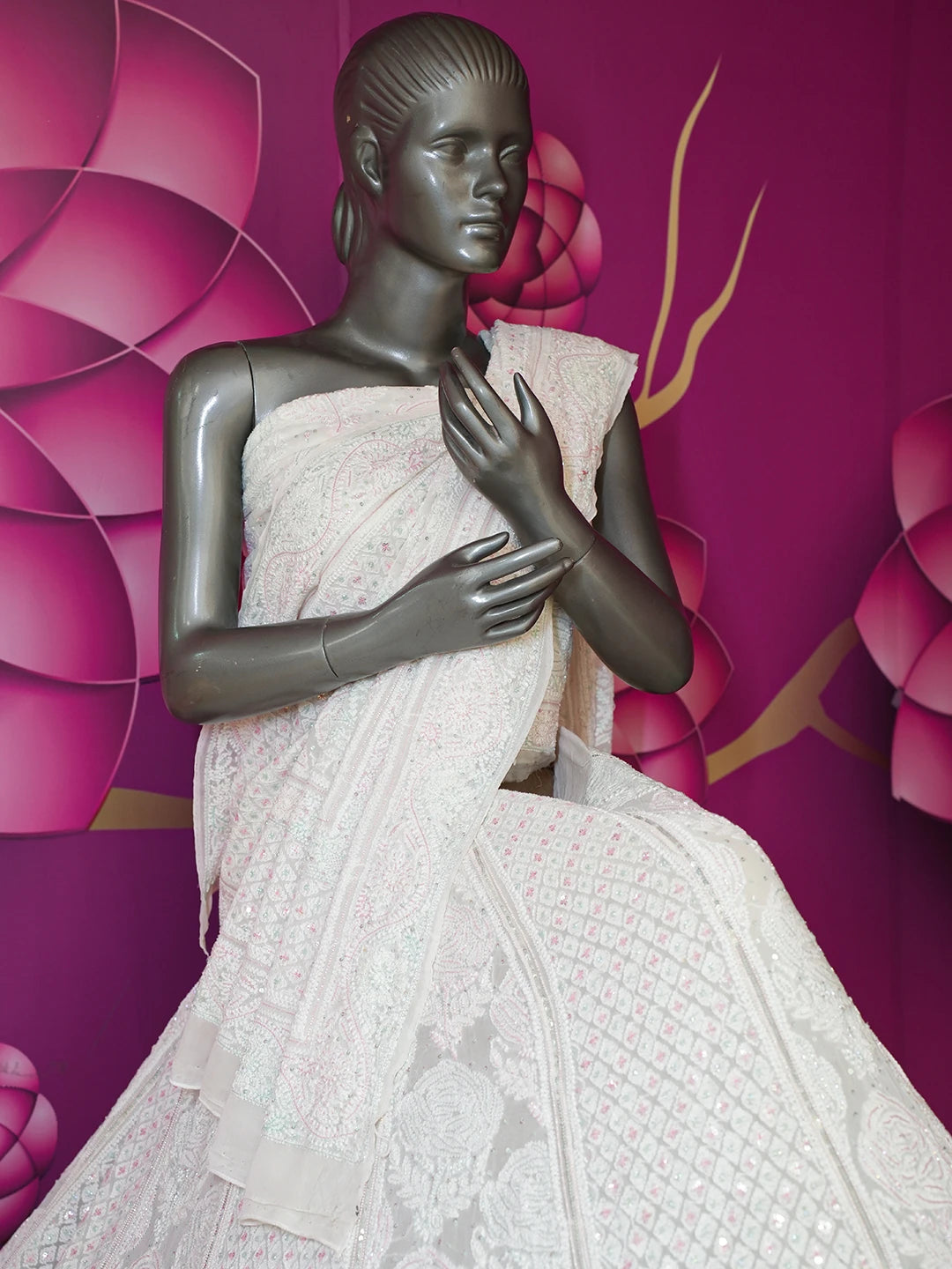 Ada Hand Embroidered White Pure Georgette Lucknowi Chikankari Lehenga Set With Pearl Work 01A542475