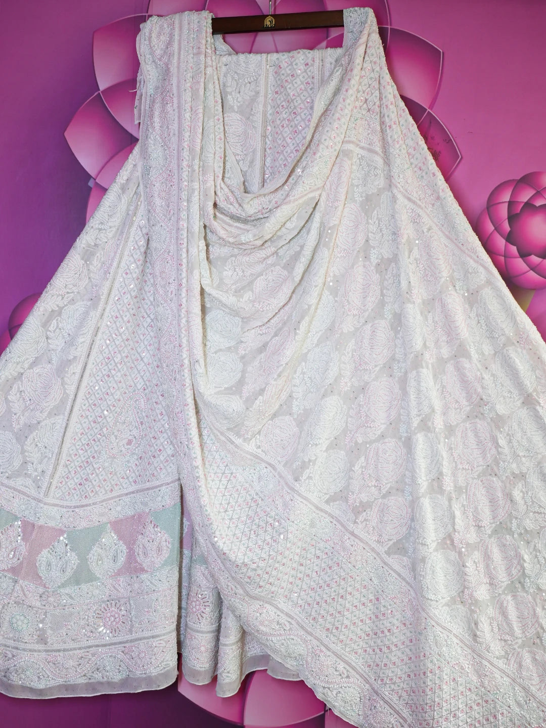 Ada Hand Embroidered White Pure Georgette Lucknowi Chikankari Lehenga Set With Pearl Work 01A542475