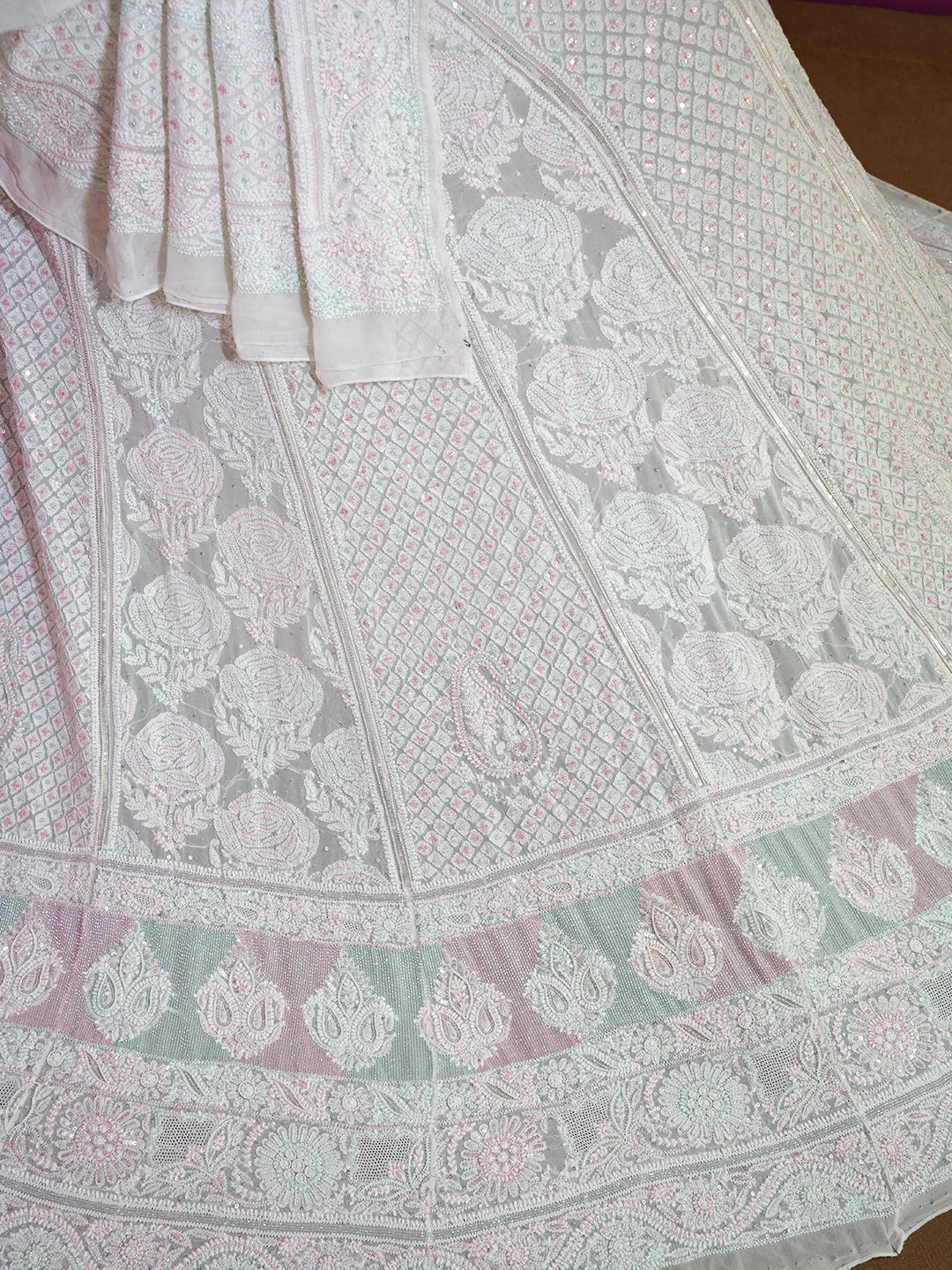 Ada Hand Embroidered White Pure Georgette Lucknowi Chikankari Lehenga Set With Pearl Work 01A542475