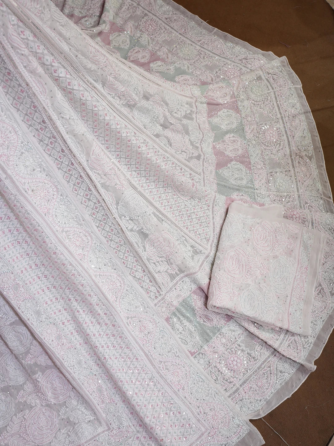 Ada Hand Embroidered White Pure Georgette Lucknowi Chikankari Lehenga Set With Pearl Work 01A542475