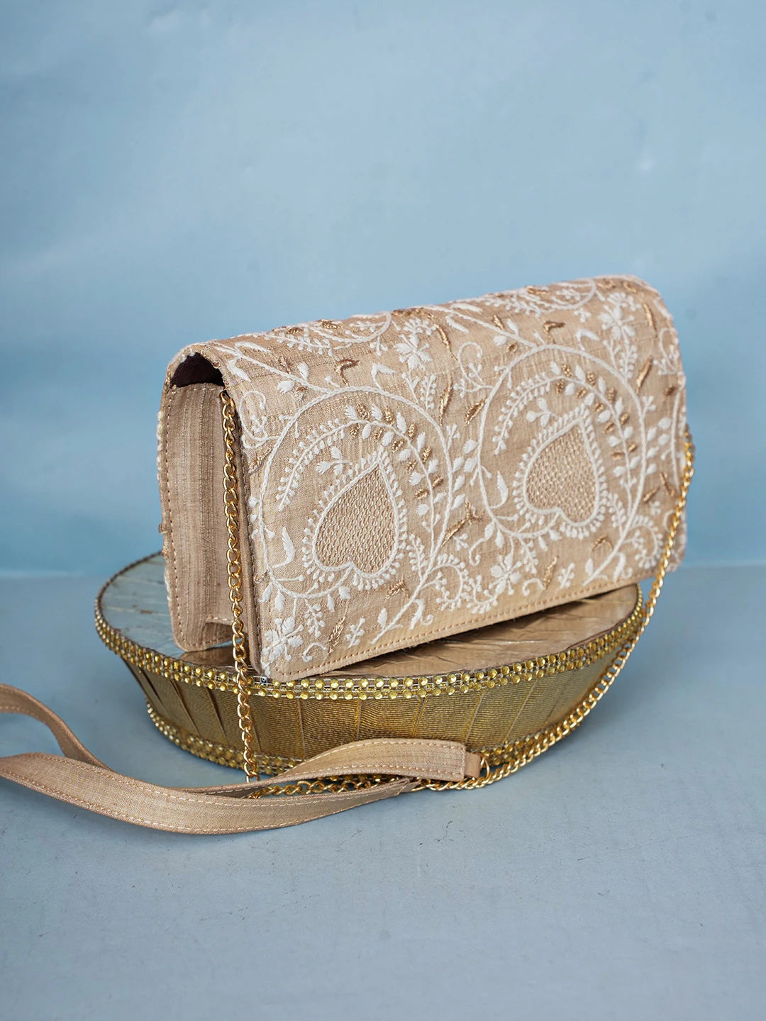 Ada Hand Embroidered Fawn Silk Lucknowi Chikankari Clutch With Zari Work 01A583885