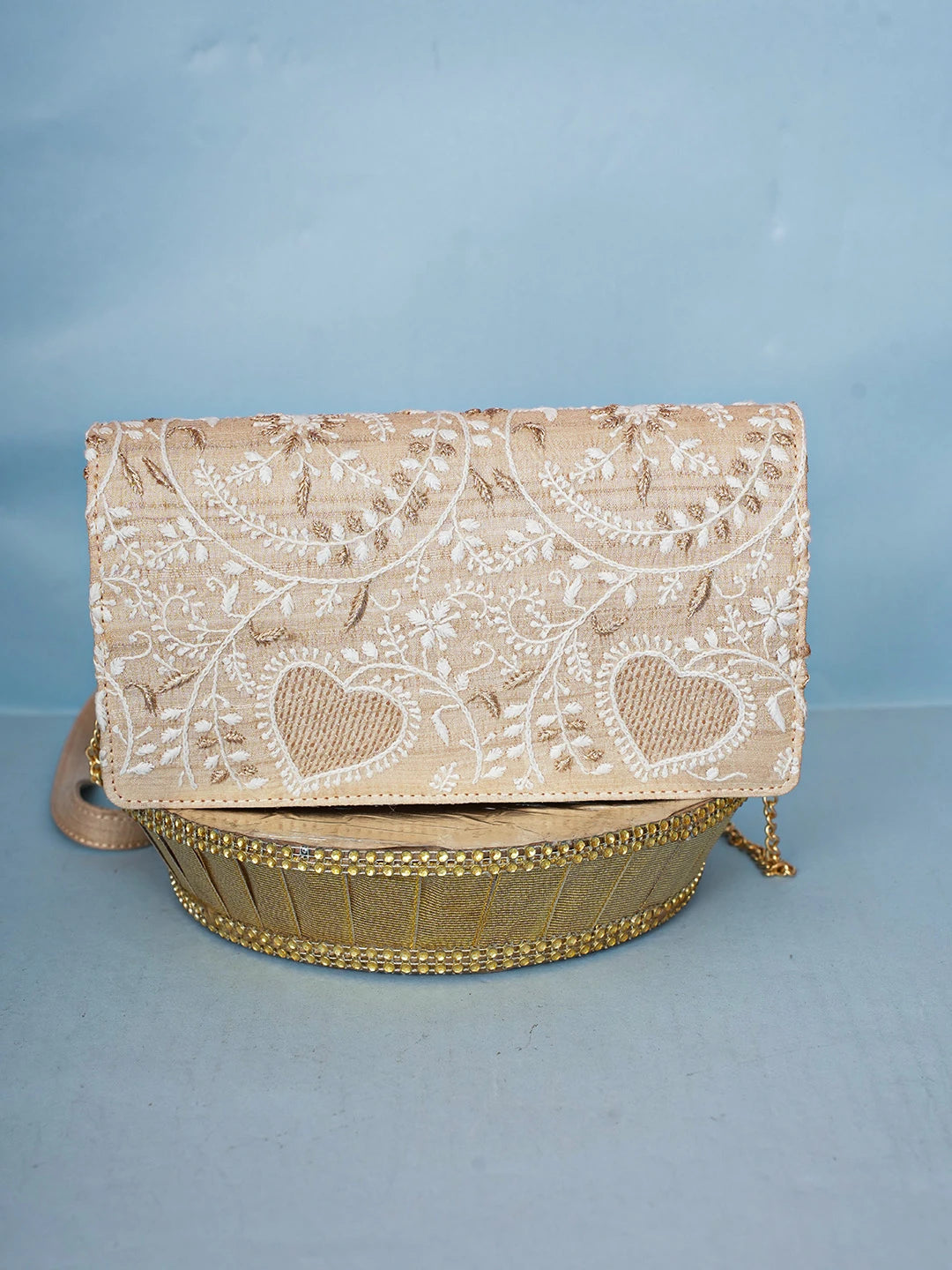 Ada Hand Embroidered Fawn Silk Lucknowi Chikankari Clutch With Zari Work 01A583885
