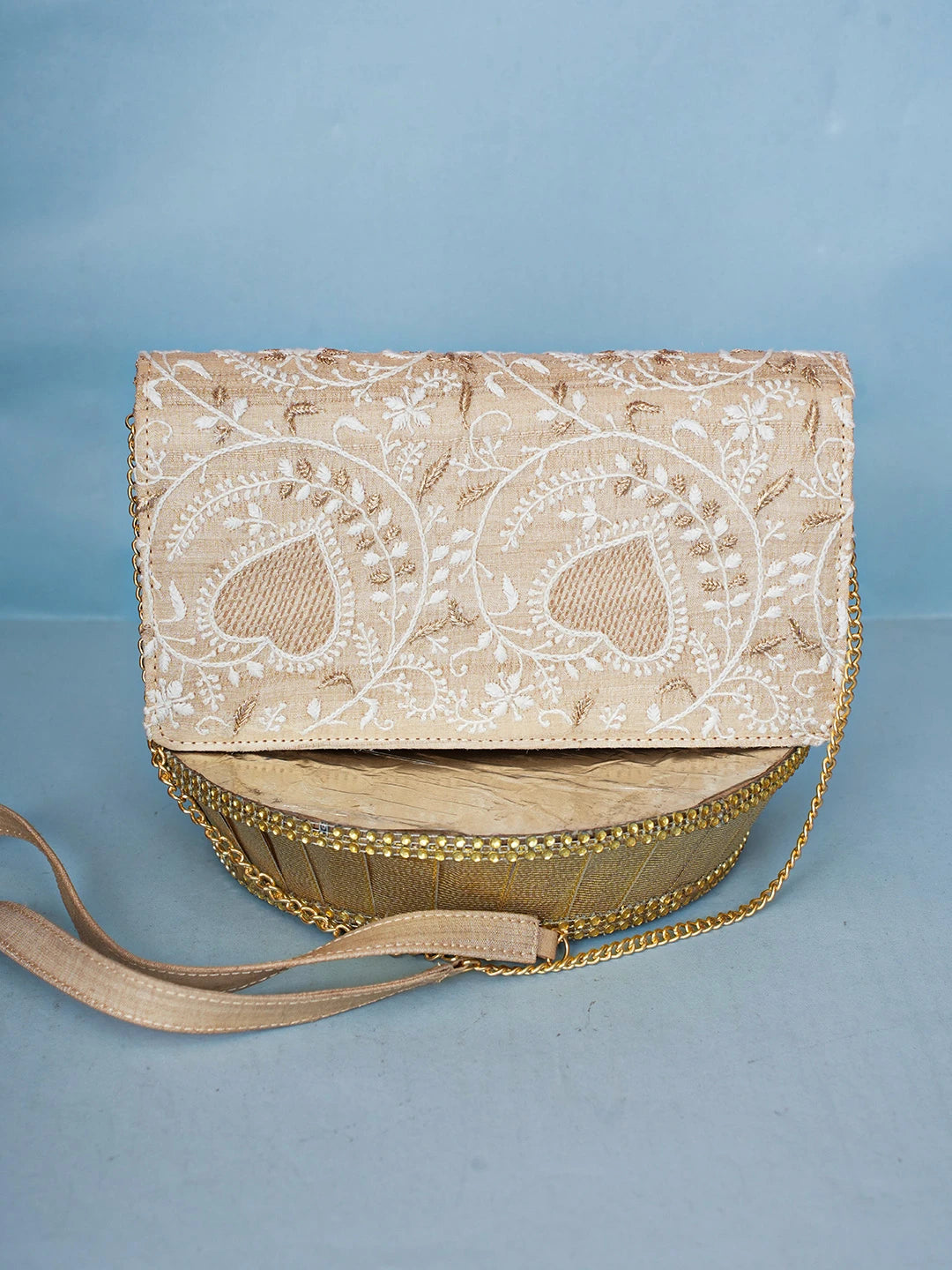 Ada Hand Embroidered Fawn Silk Lucknowi Chikankari Clutch With Zari Work 01A583885