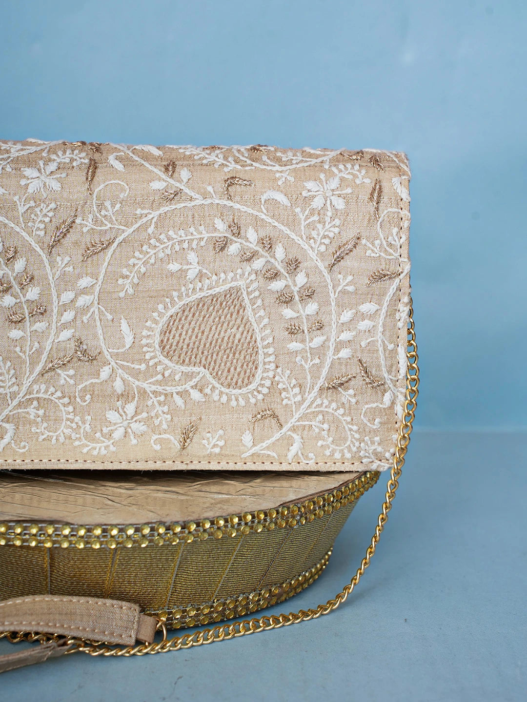 Ada Hand Embroidered Fawn Silk Lucknowi Chikankari Clutch With Zari Work 01A583885