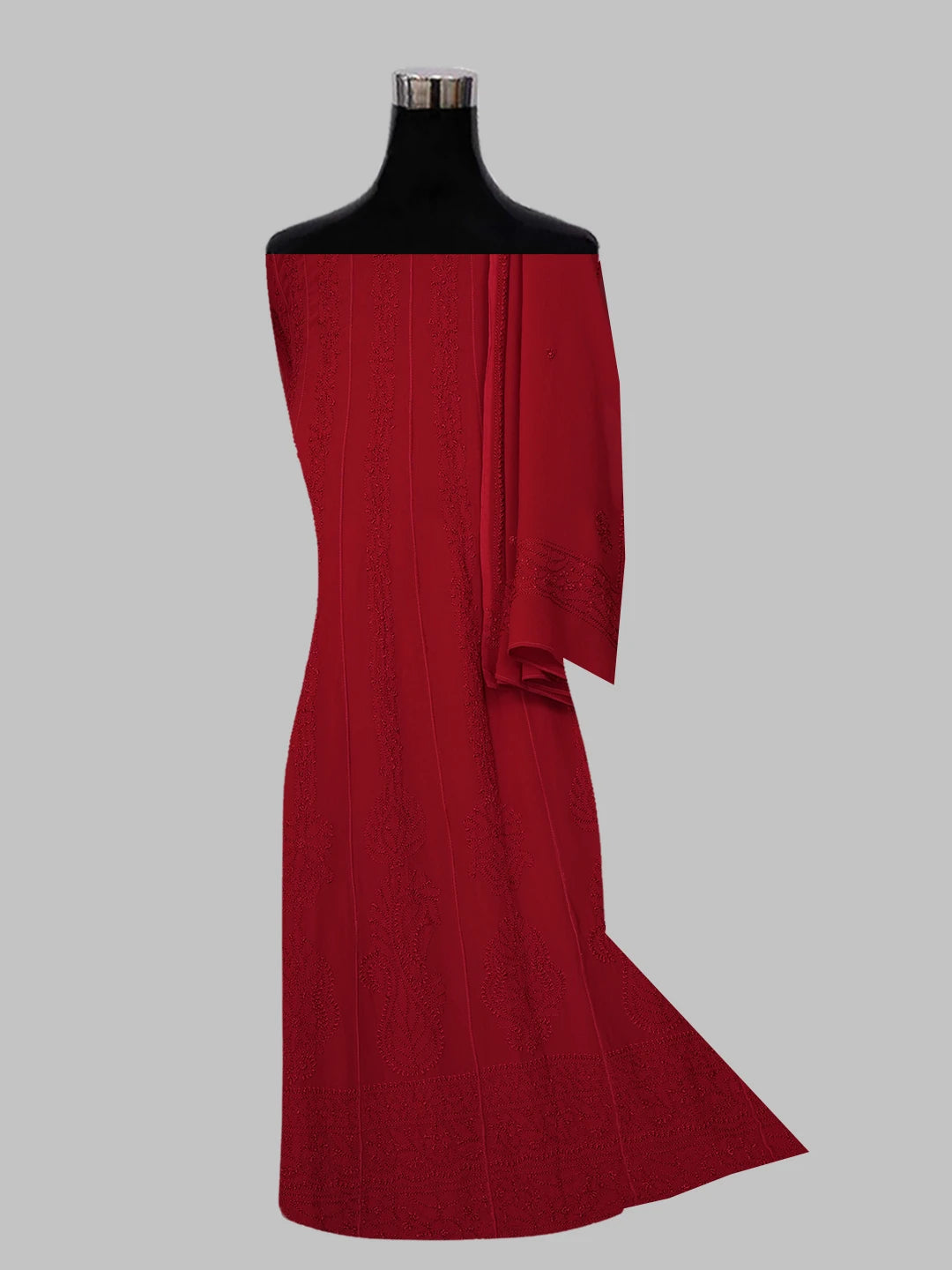 Ada Hand Embroidered Maroon viscose Georgette Lucknowi Chikankari Semi-Stitched Anarkali Kurta Dupatta Set 01A485110