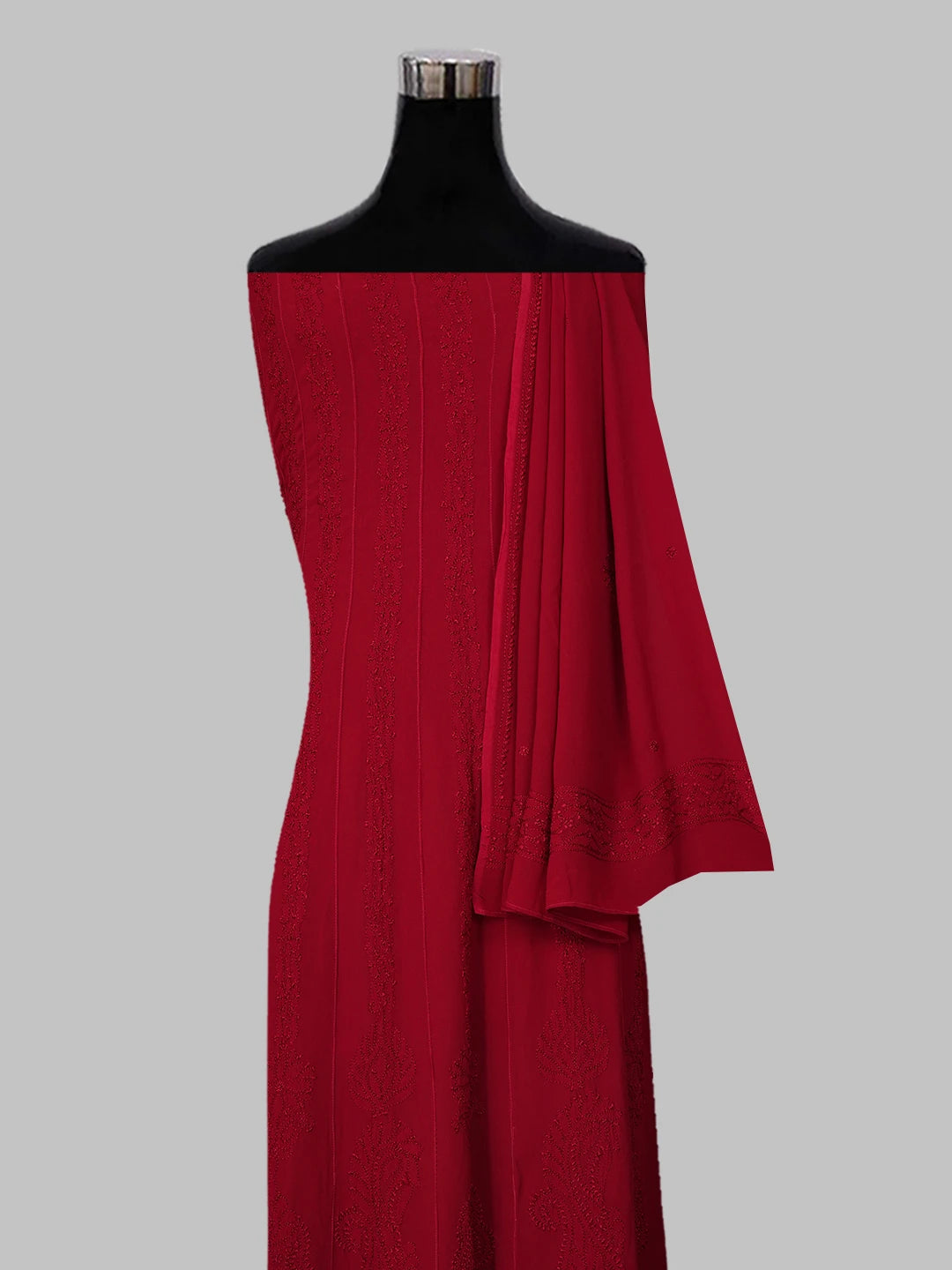 Ada Hand Embroidered Maroon viscose Georgette Lucknowi Chikankari Semi-Stitched Anarkali Kurta Dupatta Set 01A485110