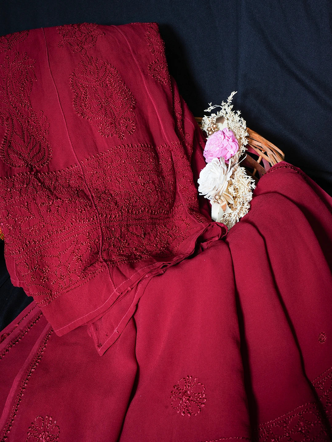 Ada Hand Embroidered Maroon viscose Georgette Lucknowi Chikankari Semi-Stitched Anarkali Kurta Dupatta Set 01A485110