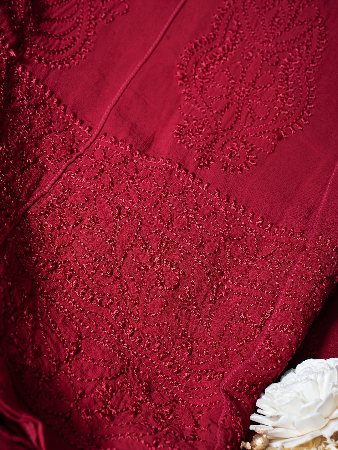 Ada Hand Embroidered Maroon viscose Georgette Lucknowi Chikankari Semi-Stitched Anarkali Kurta Dupatta Set 01A485110