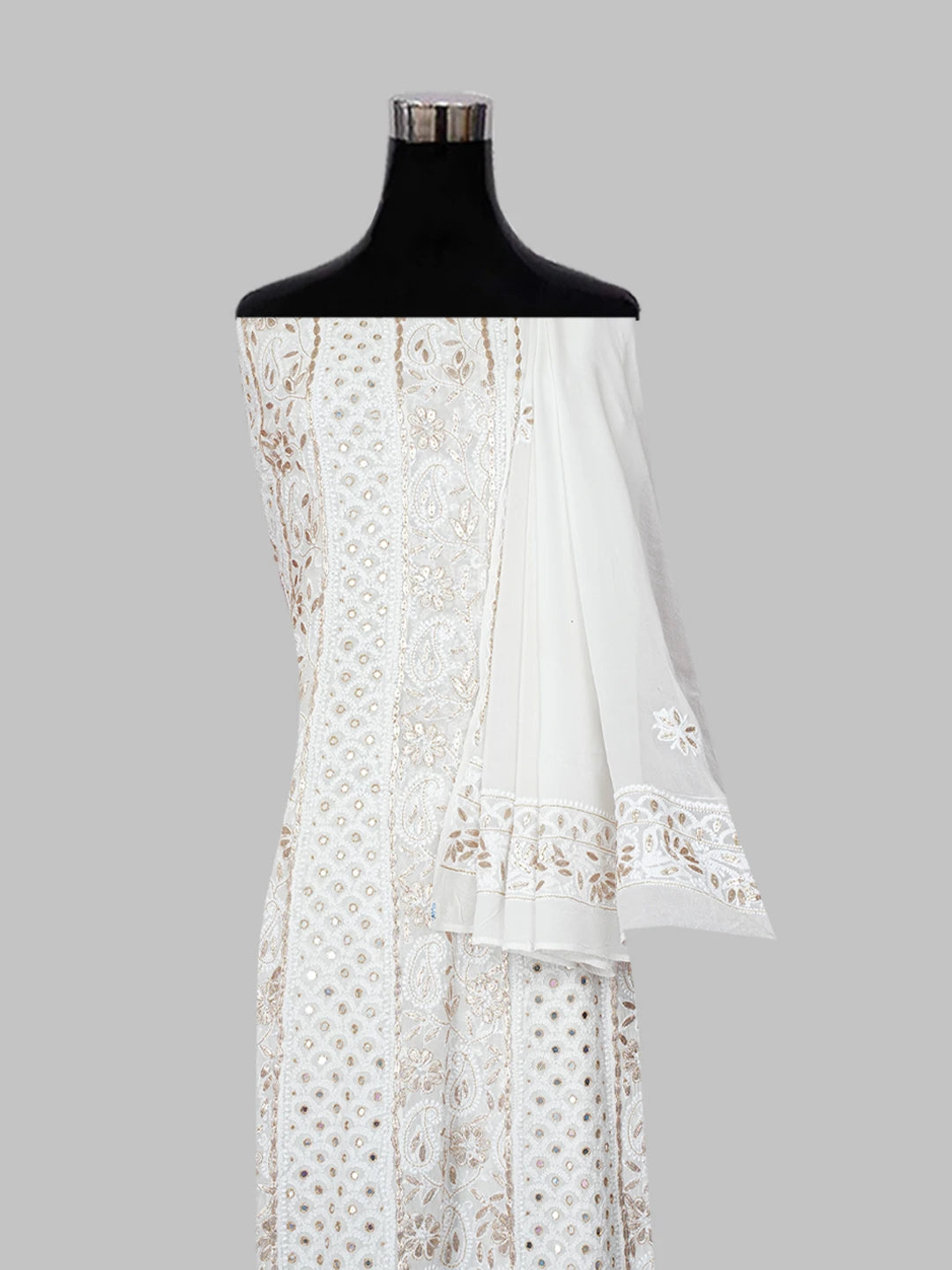 Ada Hand Embroidered Off White Pure Georgette Lucknowi Chikankari Semi-Stitched Anarkali Kurta Dupatta Set With Gota Patti Work 01A544936