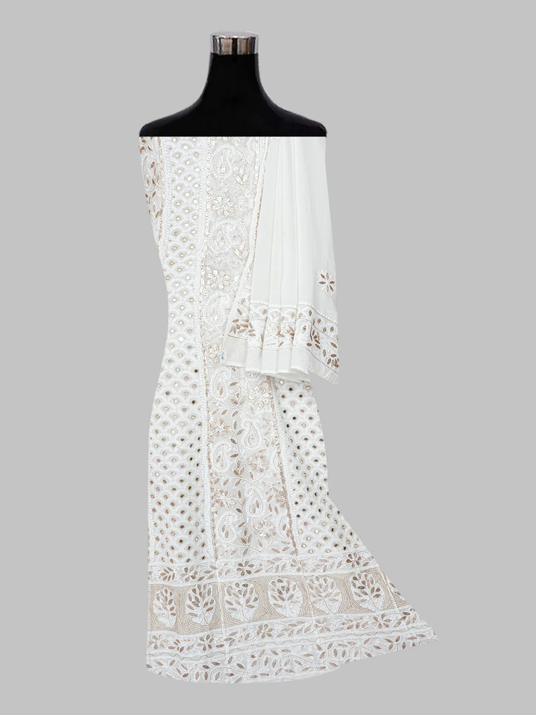 Ada Hand Embroidered Off White Pure Georgette Lucknowi Chikankari Semi-Stitched Anarkali Kurta Dupatta Set With Gota Patti Work 01A544936