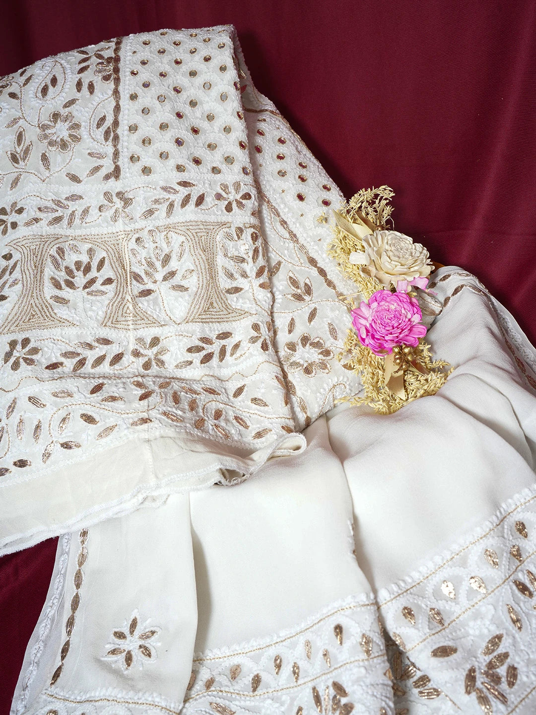 Ada Hand Embroidered Off White Pure Georgette Lucknowi Chikankari Semi-Stitched Anarkali Kurta Dupatta Set With Gota Patti Work 01A544936