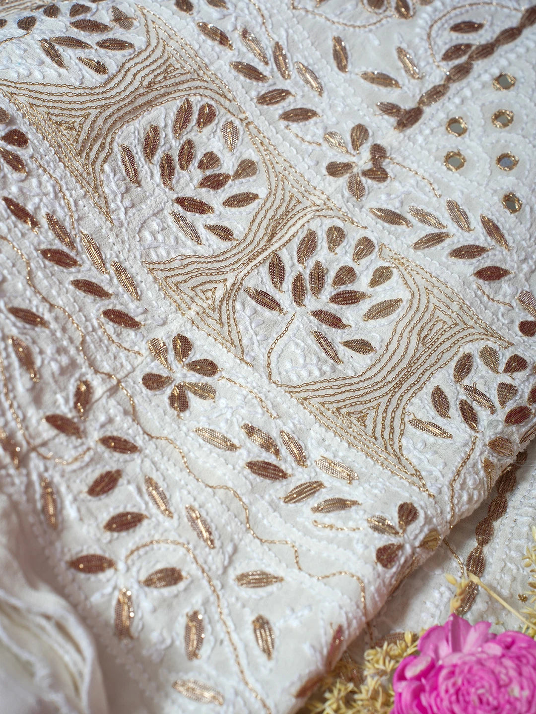 Ada Hand Embroidered Off White Pure Georgette Lucknowi Chikankari Semi-Stitched Anarkali Kurta Dupatta Set With Gota Patti Work 01A544936