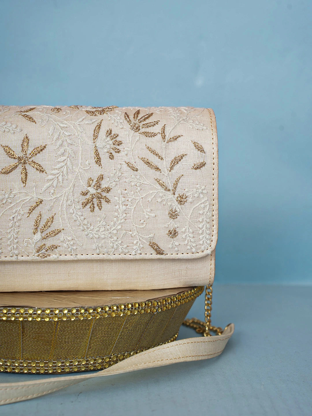 Ada Hand Embroidered Fawn Silk Lucknowi Chikankari Clutch With Zari Work 01A589687
