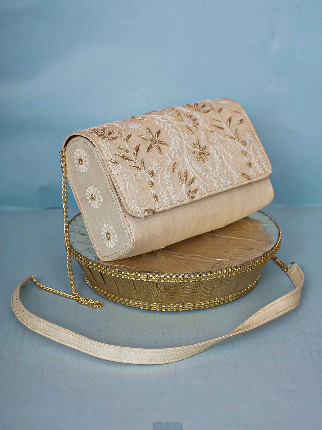 Ada Hand Embroidered Fawn Silk Lucknowi Chikankari Clutch With Zari Work 01A589687