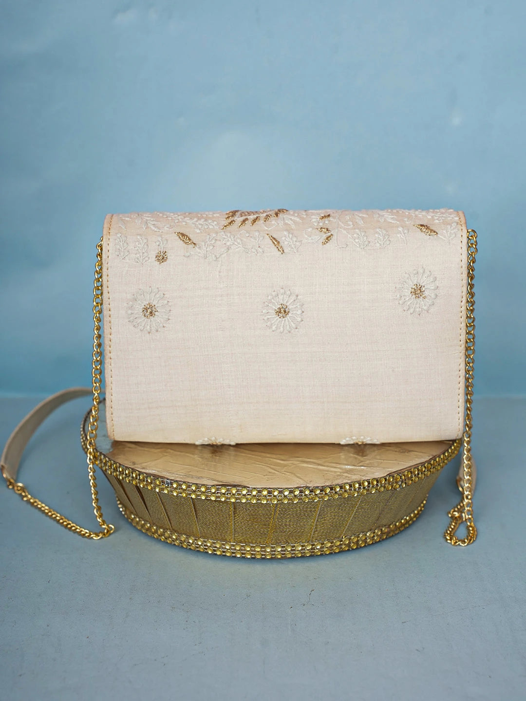 Ada Hand Embroidered Fawn Silk Lucknowi Chikankari Clutch With Zari Work 01A589687