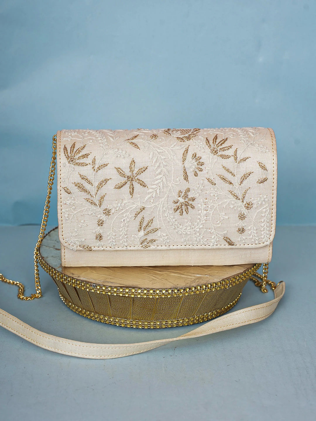 Ada Hand Embroidered Fawn Silk Lucknowi Chikankari Clutch With Zari Work 01A589687