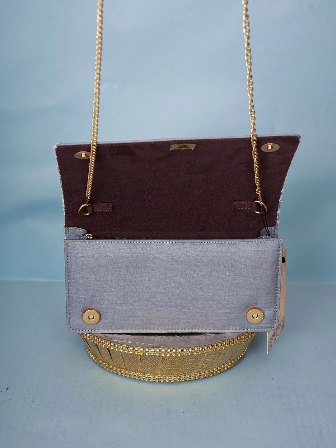 Ada Hand Embroidered Grey Silk Lucknowi Chikankari Clutch With Zari Work 01A578300