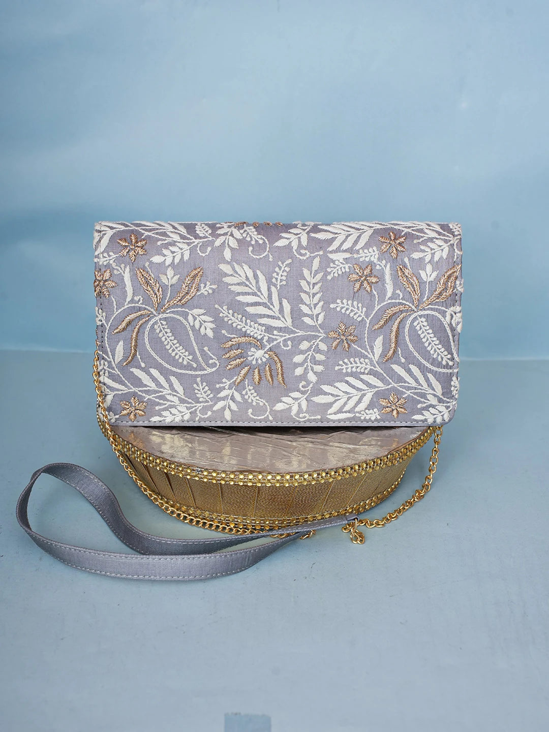 Ada Hand Embroidered Grey Silk Lucknowi Chikankari Clutch With Zari Work 01A578300