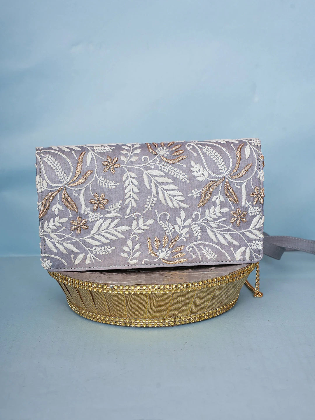 Ada Hand Embroidered Grey Silk Lucknowi Chikankari Clutch With Zari Work 01A578300