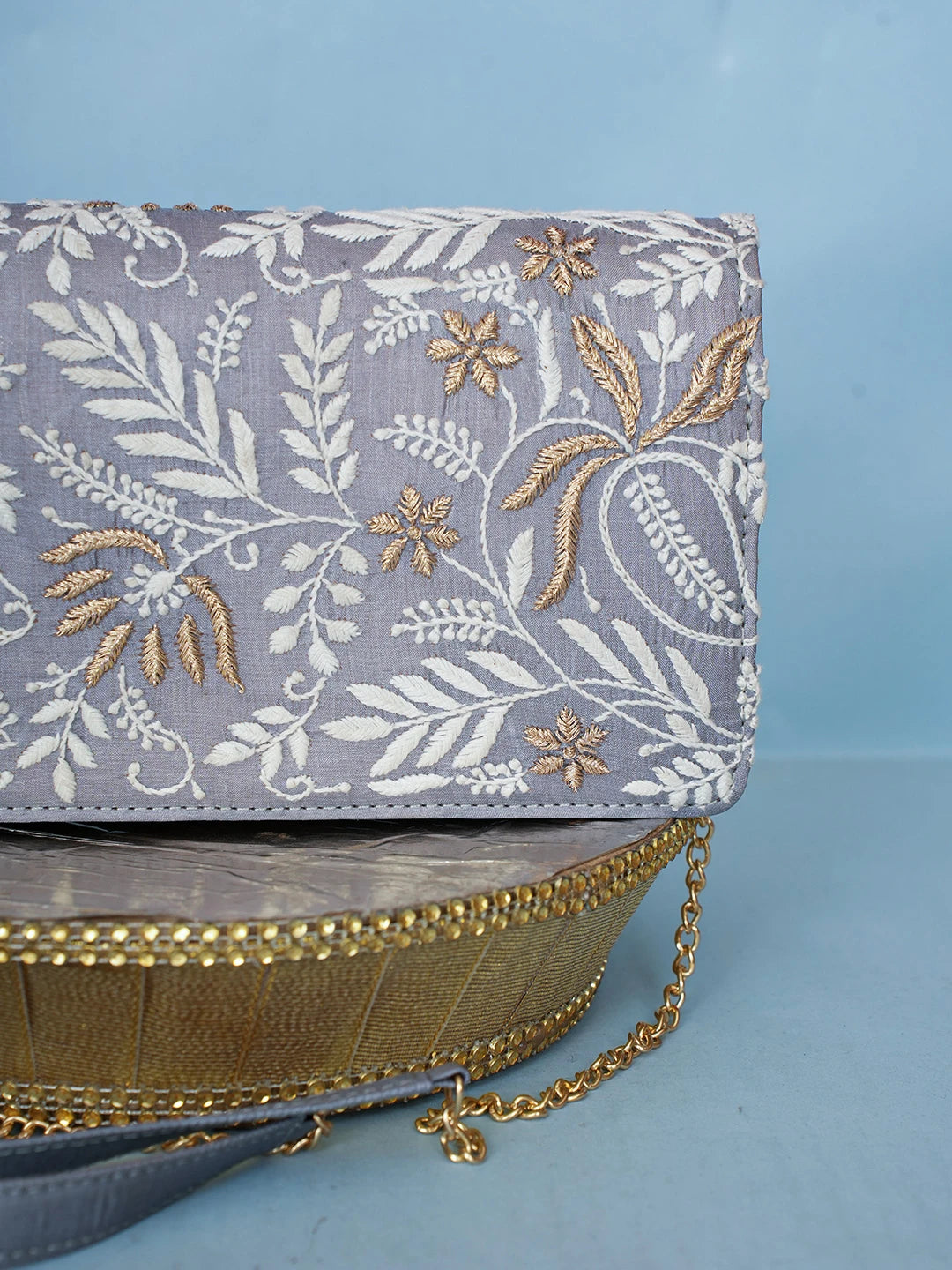Ada Hand Embroidered Grey Silk Lucknowi Chikankari Clutch With Zari Work 01A578300