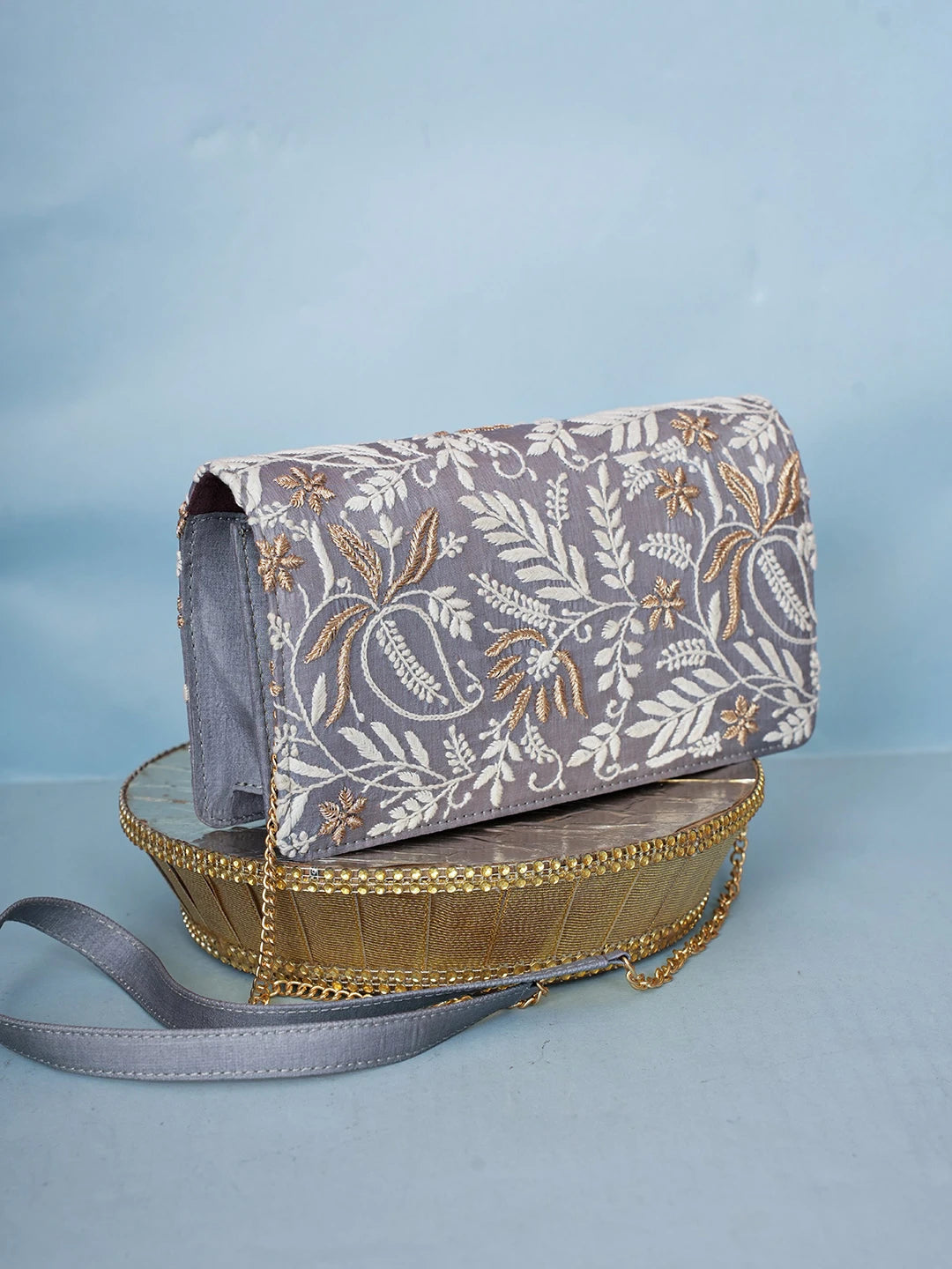 Ada Hand Embroidered Grey Silk Lucknowi Chikankari Clutch With Zari Work 01A578300