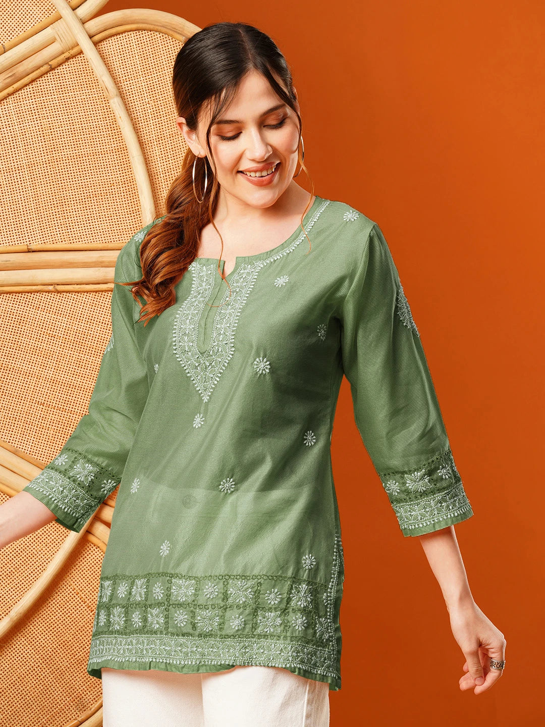 Ada Hand Embroidered Green Chanderi Lucknowi Chikankari Short Kurti A911395