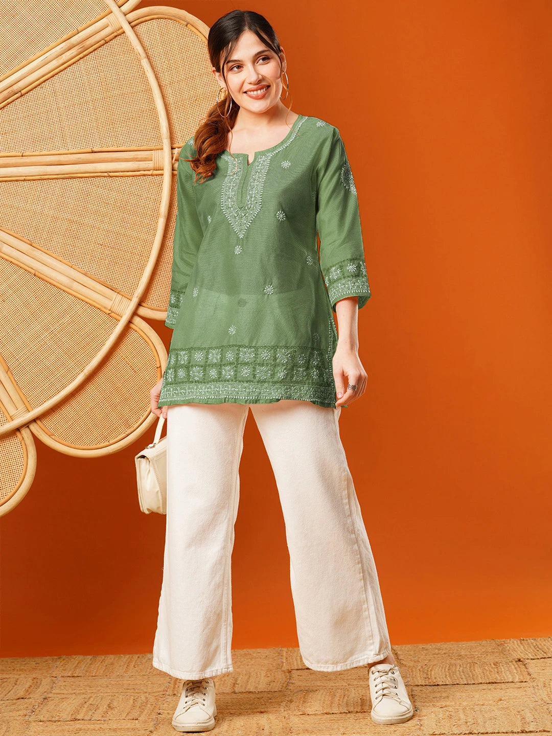 Ada Hand Embroidered Green Chanderi Lucknowi Chikankari Short Kurti A911395