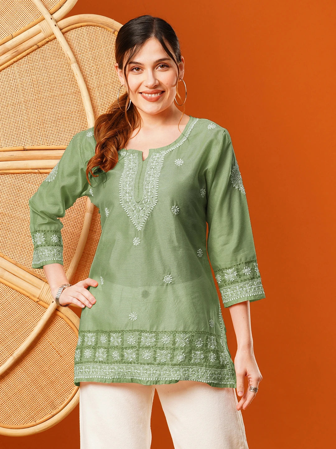 Ada Hand Embroidered Green Chanderi Lucknowi Chikankari Short Kurti A911395