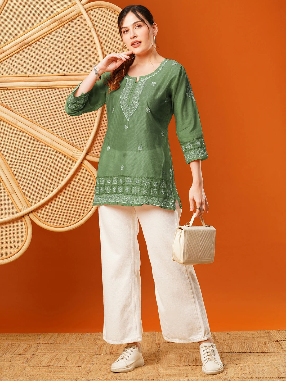 Ada Hand Embroidered Green Chanderi Lucknowi Chikankari Short Kurti A911395