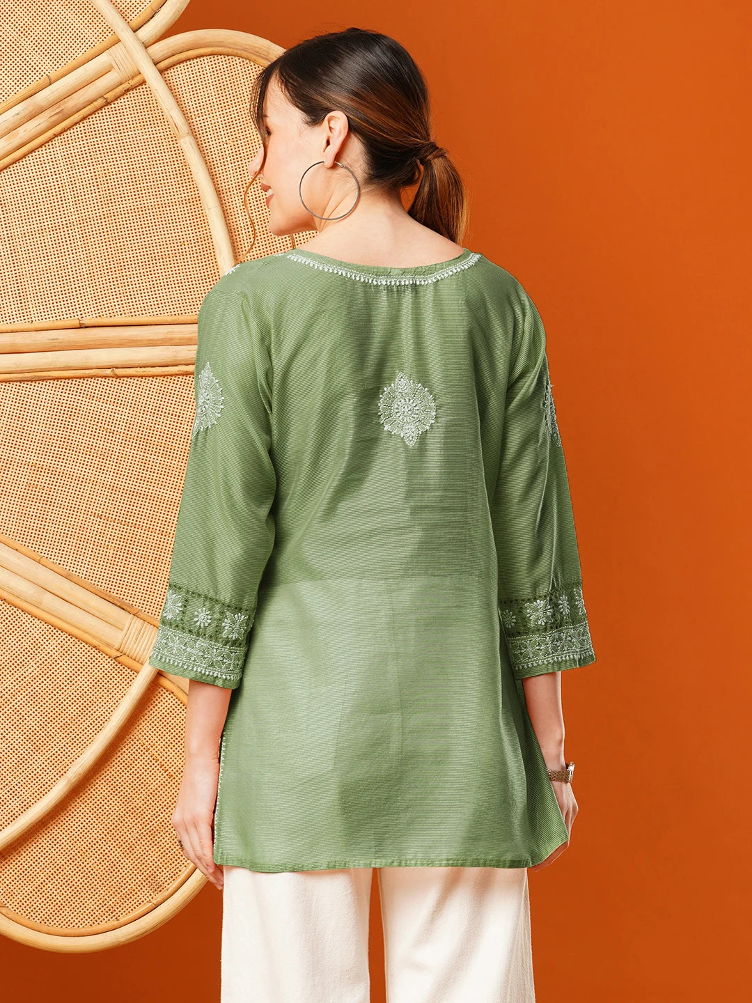 Ada Hand Embroidered Green Chanderi Lucknowi Chikankari Short Kurti A911395