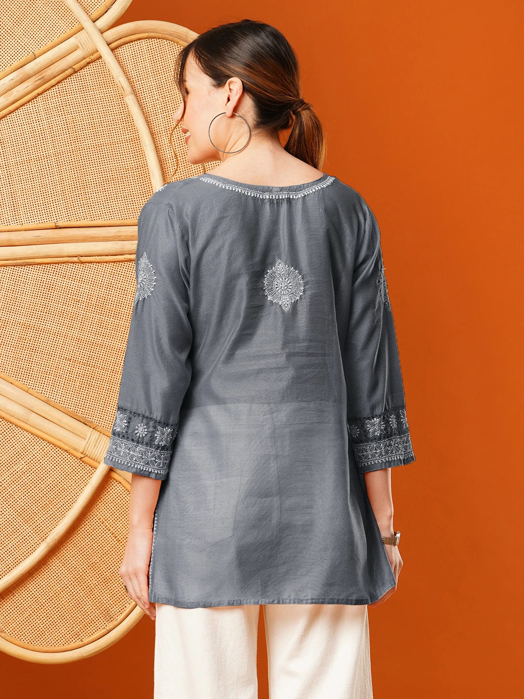 Ada Hand Embroidered Grey chanderi Lucknowi Chikankari Short Kurti A911397