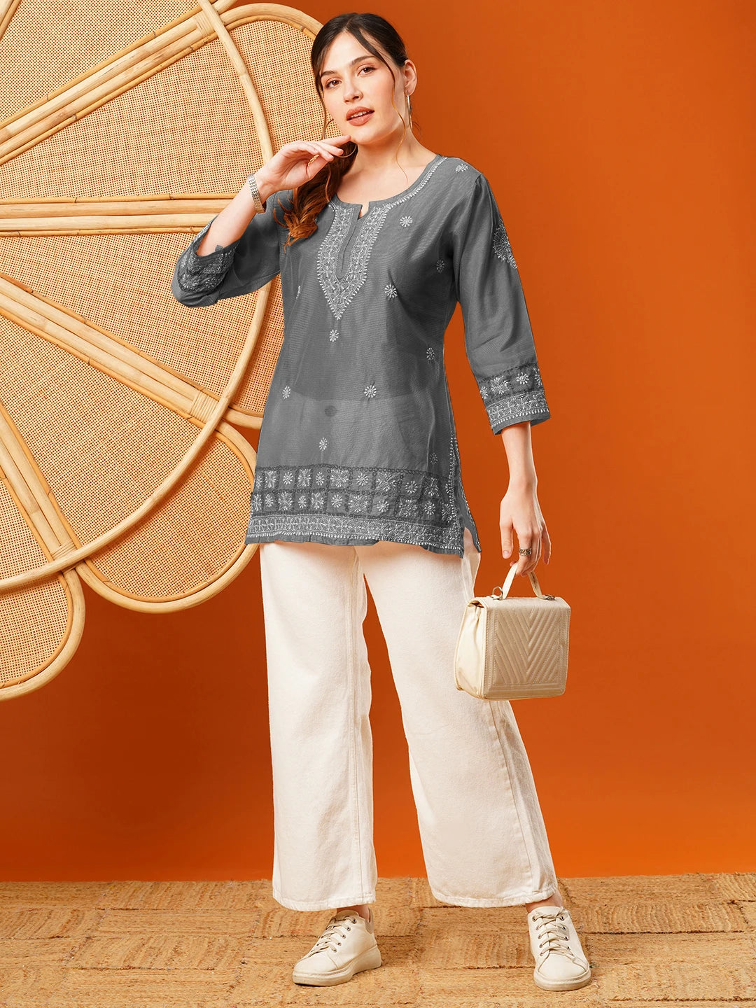 Ada Hand Embroidered Grey chanderi Lucknowi Chikankari Short Kurti A911397