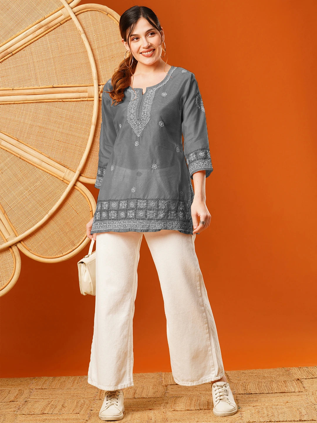 Ada Hand Embroidered Grey chanderi Lucknowi Chikankari Short Kurti A911397