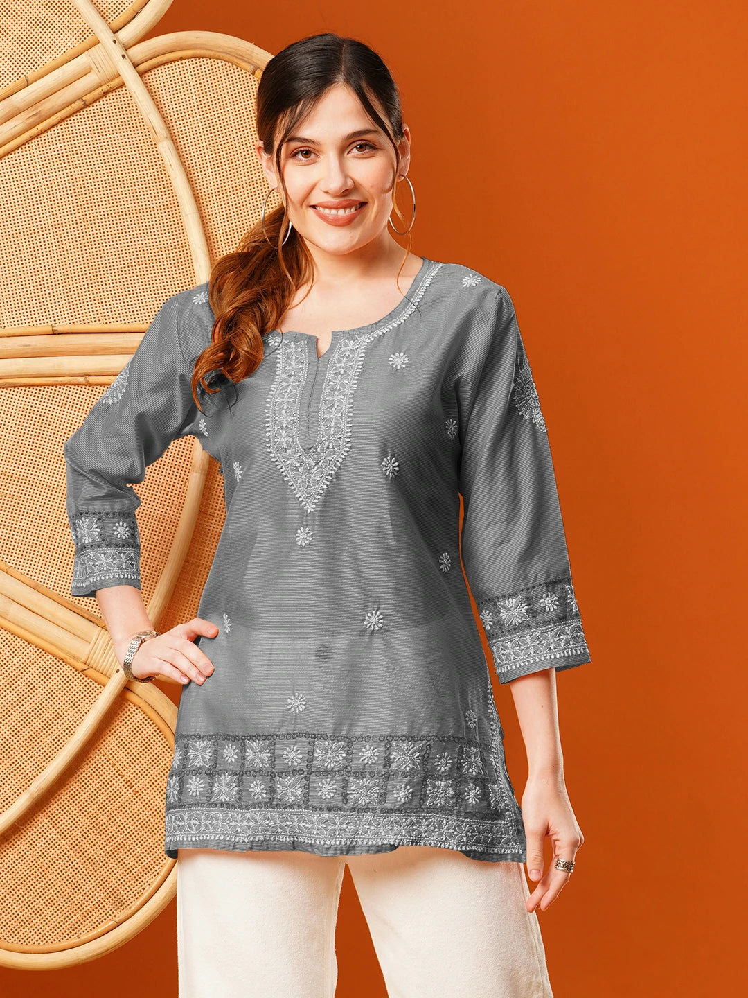 Ada Hand Embroidered Grey chanderi Lucknowi Chikankari Short Kurti A911397