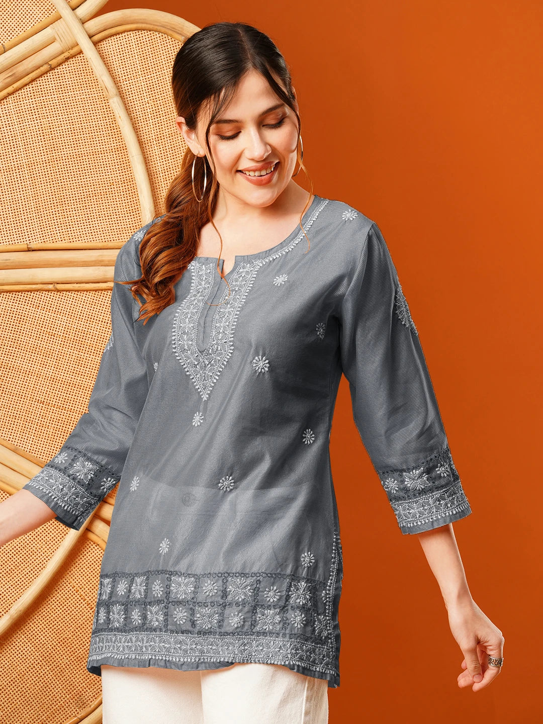 Ada Hand Embroidered Grey chanderi Lucknowi Chikankari Short Kurti A911397