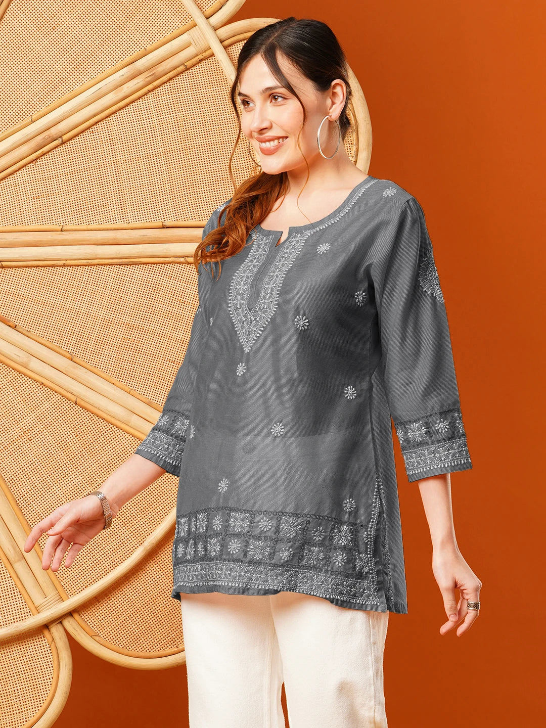Ada Hand Embroidered Grey chanderi Lucknowi Chikankari Short Kurti A911397