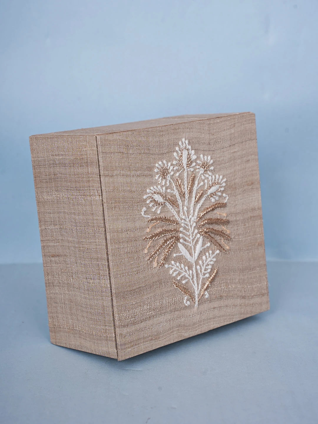 Ada Hand Embroidered Fawn Silk Lucknowi Chikankari Utility Box With Zari Work 01A589745