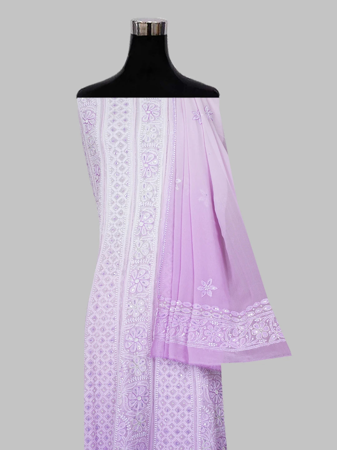Ada Hand Embroidered Mauve Pure Georgette Lucknowi Chikankari Semi-Stitched Anarkali Kurta Dupatta Set With Sequinned Work 01A559257