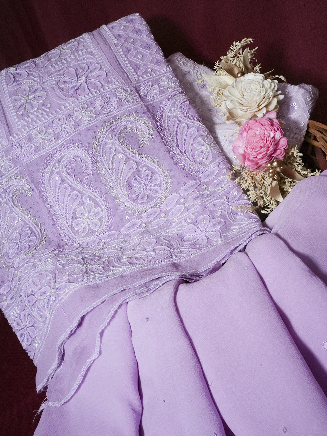 Ada Hand Embroidered Mauve Pure Georgette Lucknowi Chikankari Semi-Stitched Anarkali Kurta Dupatta Set With Sequinned Work 01A559257