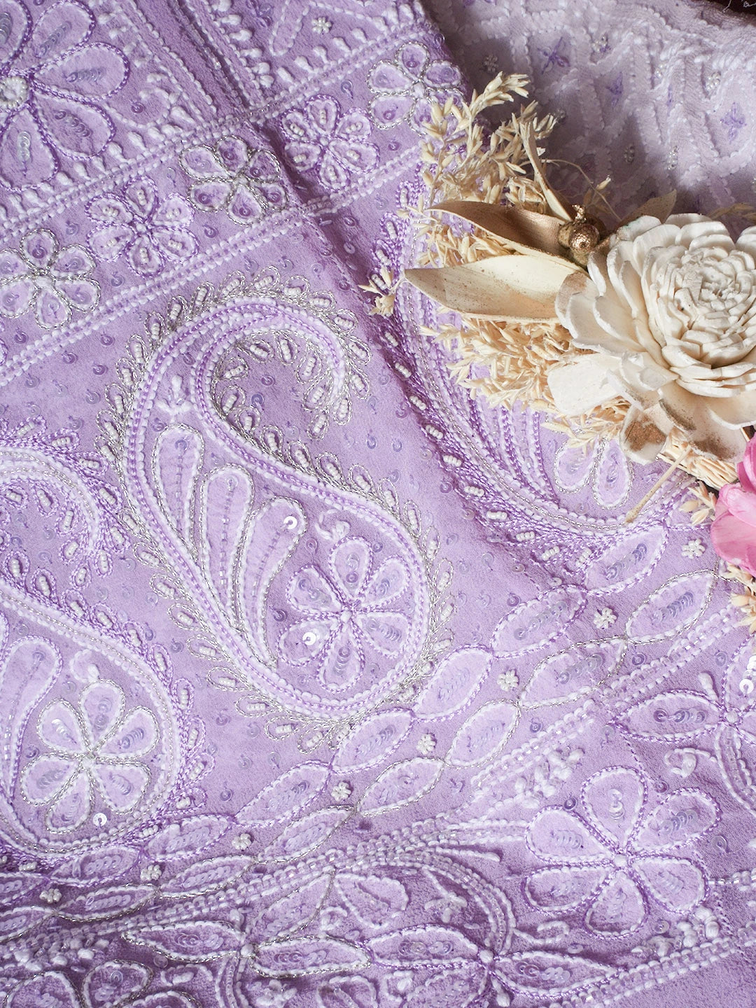 Ada Hand Embroidered Mauve Pure Georgette Lucknowi Chikankari Semi-Stitched Anarkali Kurta Dupatta Set With Sequinned Work 01A559257