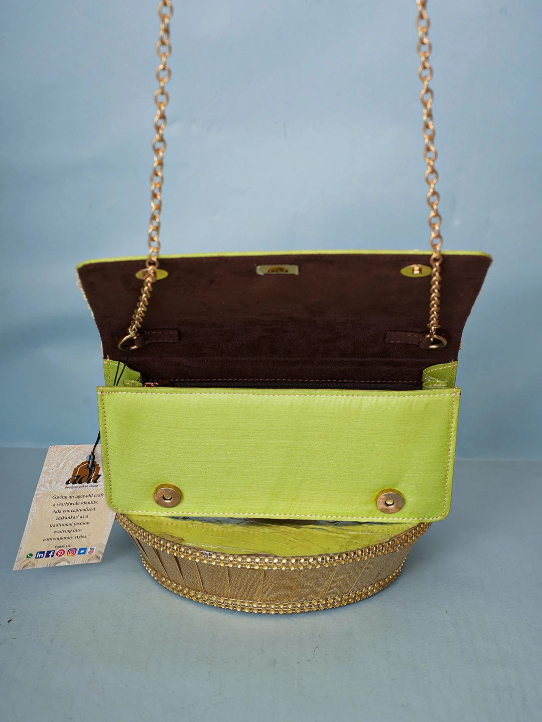 Ada Hand Embroidered Parrot Green Silk Lucknowi Chikankari Clutch With Zari Work 01A557187