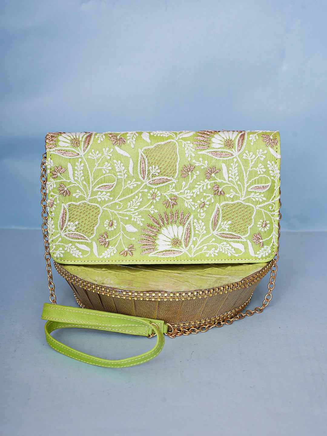 Ada Hand Embroidered Parrot Green Silk Lucknowi Chikankari Clutch With Zari Work 01A557187