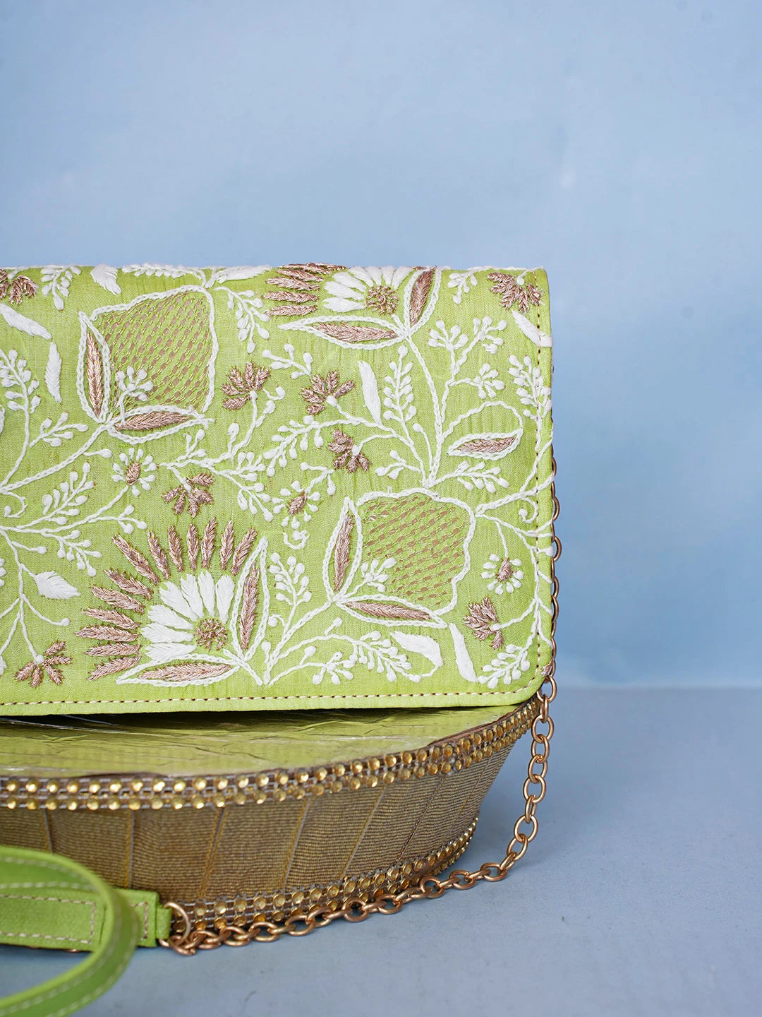 Ada Hand Embroidered Parrot Green Silk Lucknowi Chikankari Clutch With Zari Work 01A557187