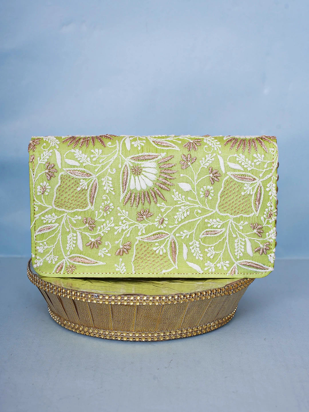 Ada Hand Embroidered Parrot Green Silk Lucknowi Chikankari Clutch With Zari Work 01A557187
