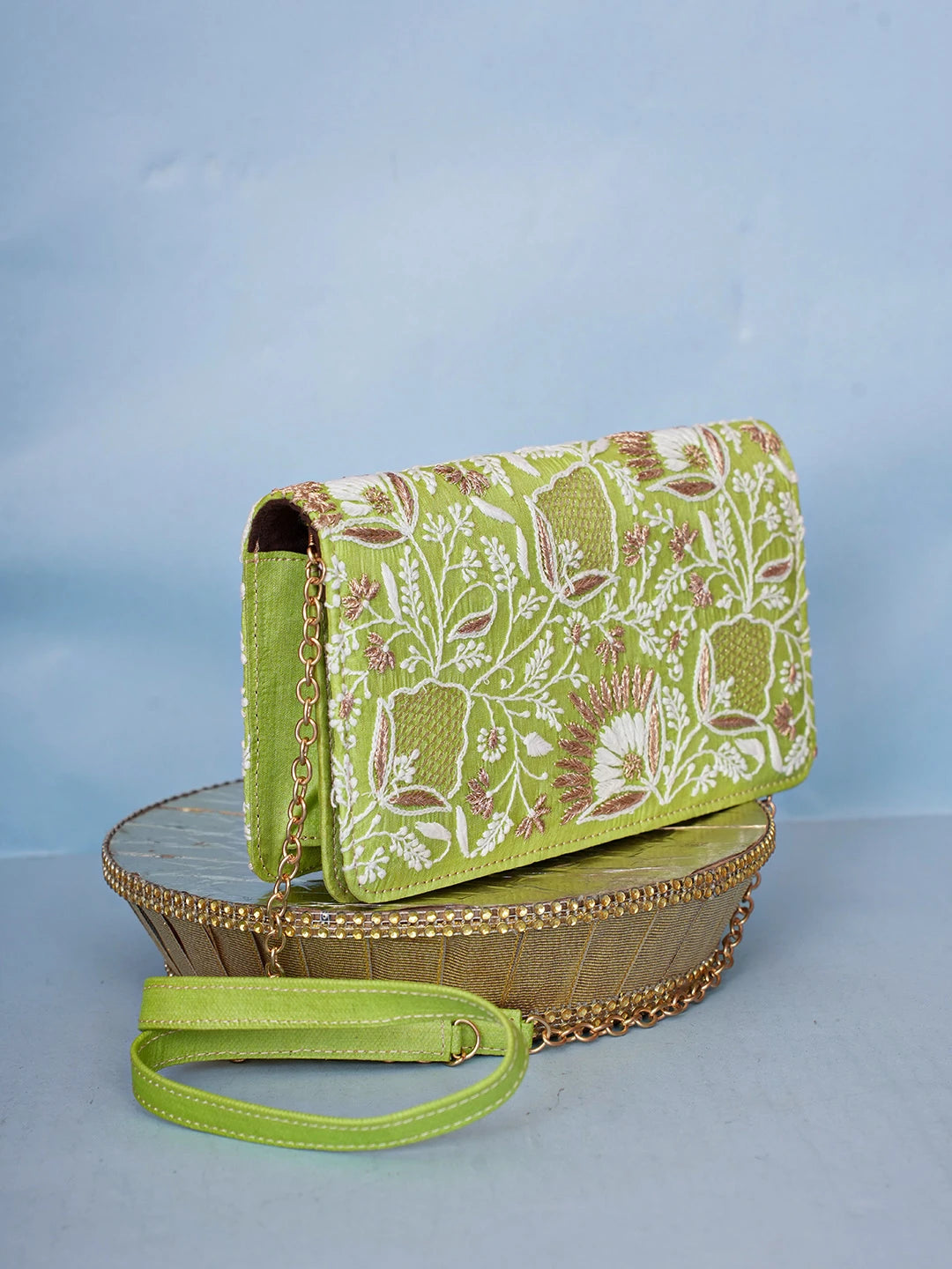 Ada Hand Embroidered Parrot Green Silk Lucknowi Chikankari Clutch With Zari Work 01A557187