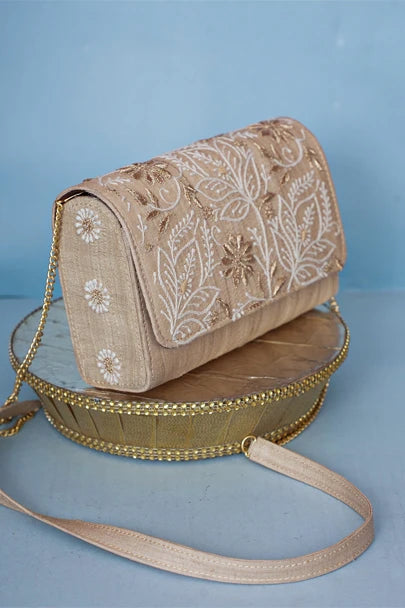 Ada Hand Embroidered Fawn Silk Lucknowi Chikankari Clutch With Zari Work 01A589691