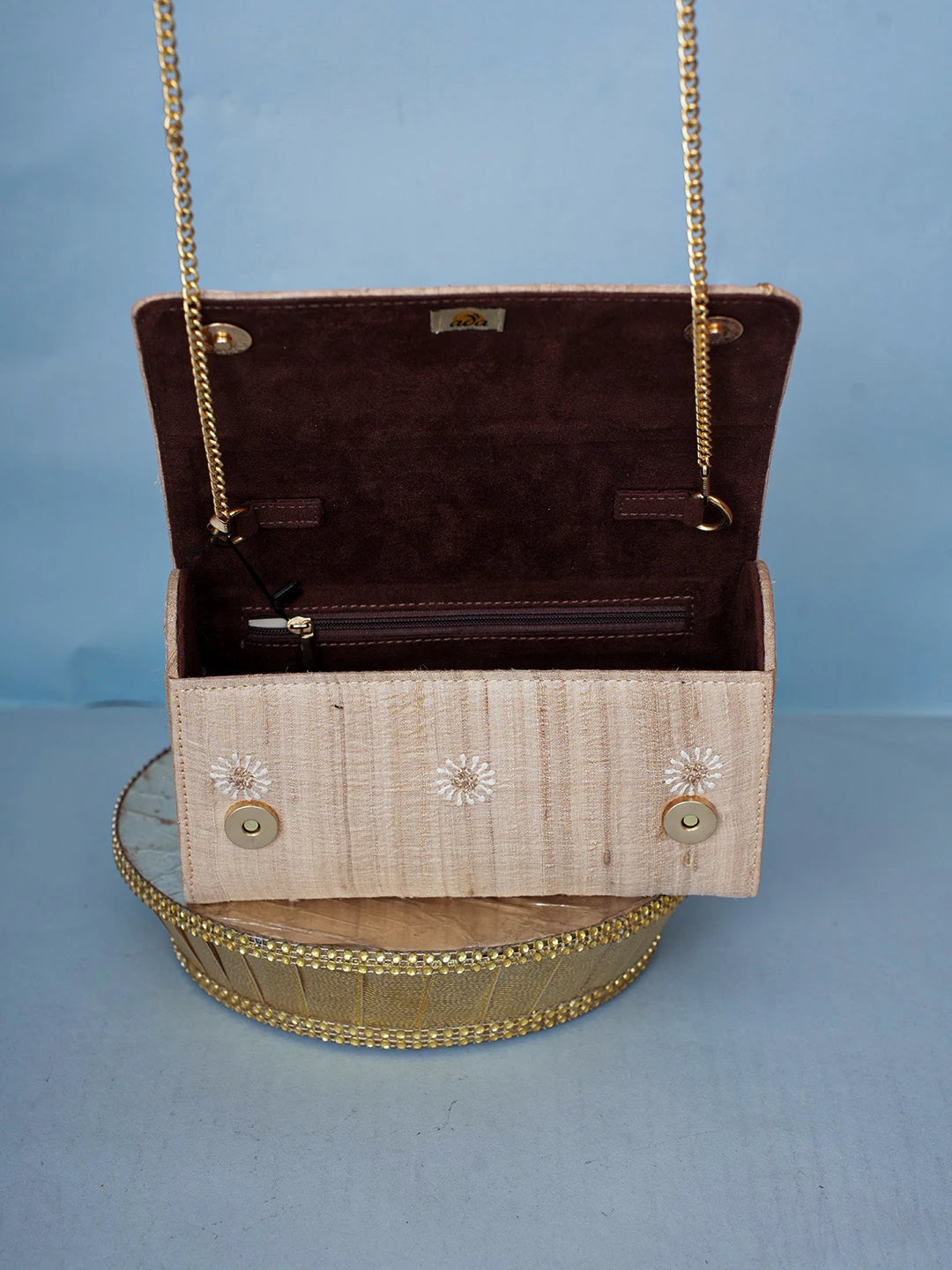 Ada Hand Embroidered Fawn Silk Lucknowi Chikankari Clutch With Zari Work 01A589691