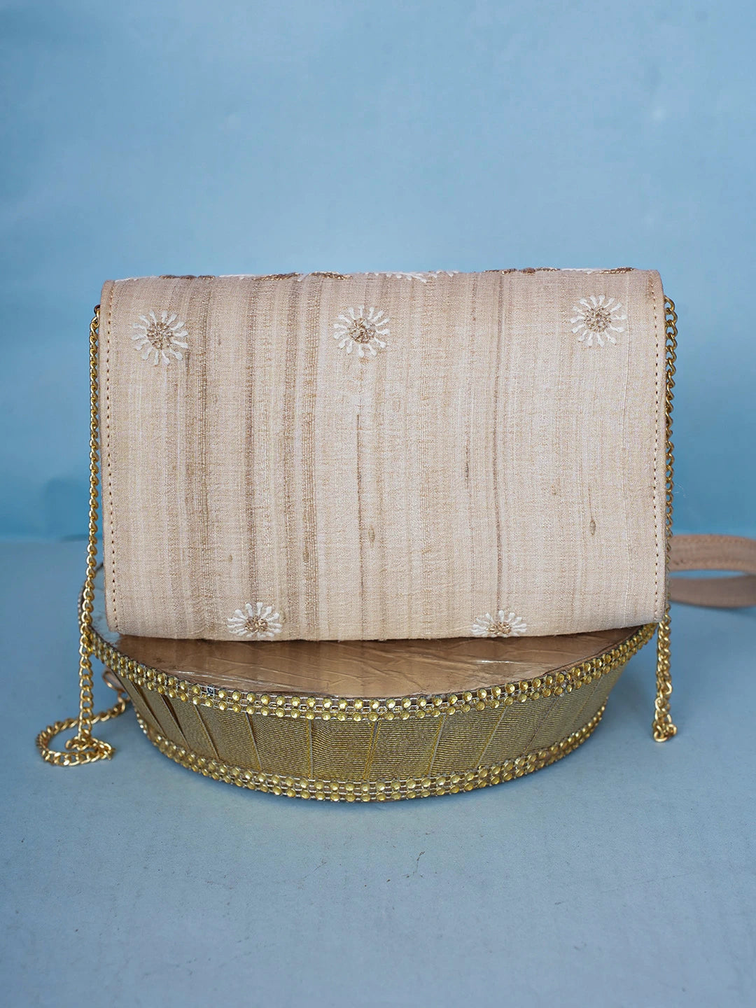 Ada Hand Embroidered Fawn Silk Lucknowi Chikankari Clutch With Zari Work 01A589691