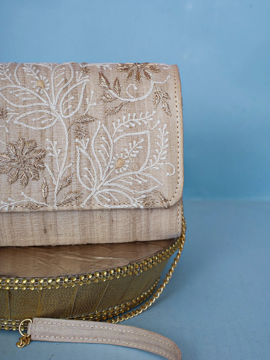 Ada Hand Embroidered Fawn Silk Lucknowi Chikankari Clutch With Zari Work 01A589691