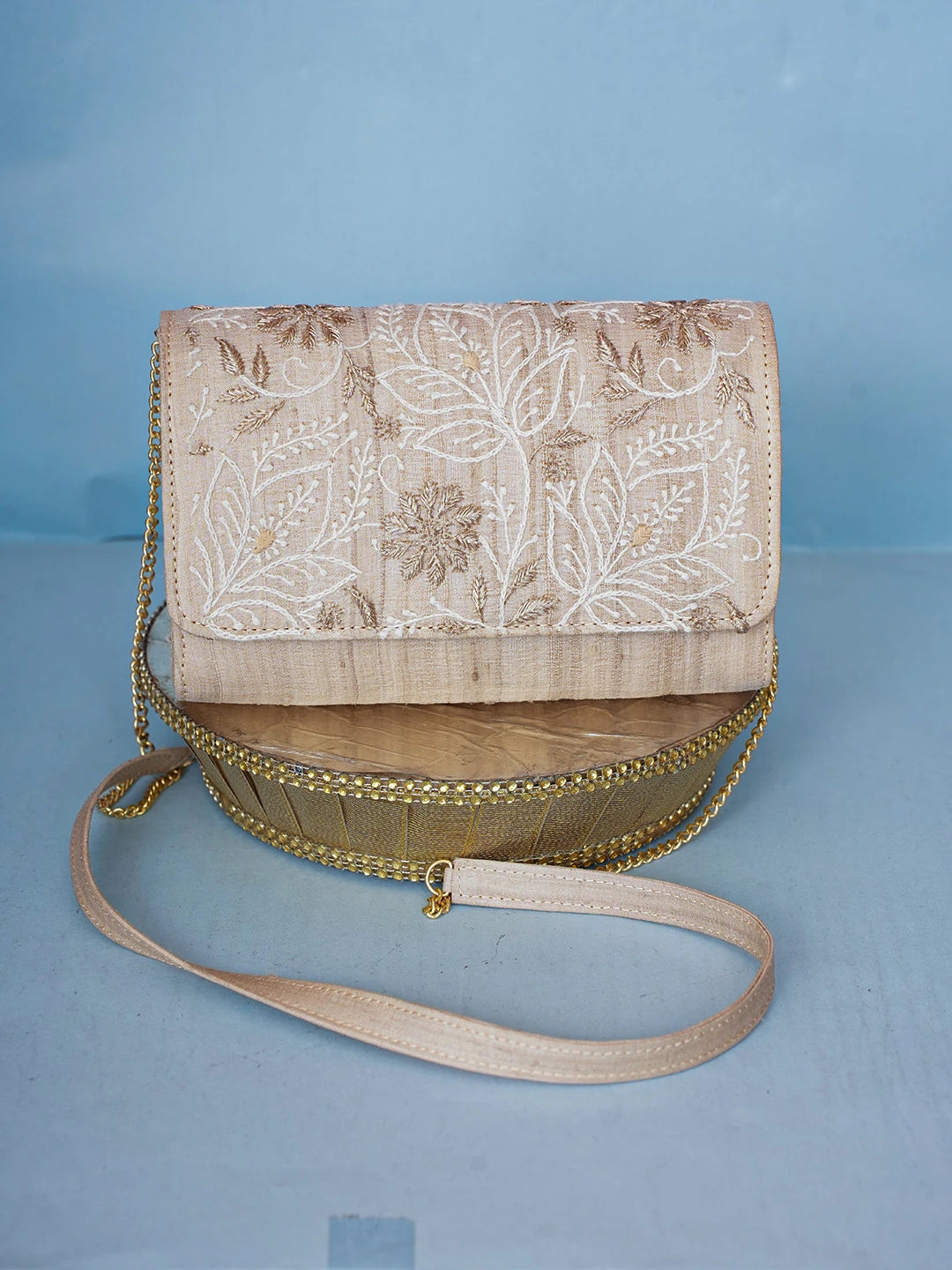 Ada Hand Embroidered Fawn Silk Lucknowi Chikankari Clutch With Zari Work 01A589691